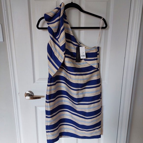 New Banana Republic  fitted Sheath Dress blue Stripe One-Shoulder Bow Size 4 - Picture 10 of 10